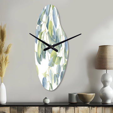 White Green Minimalism Eucalyptus Essence II - Asymmetric Metal Wall Clock